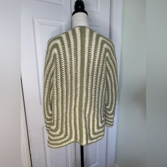Silveria Hand Knitted Crochet Cardigan In Soft Green and Cream - Picture 3 of 7